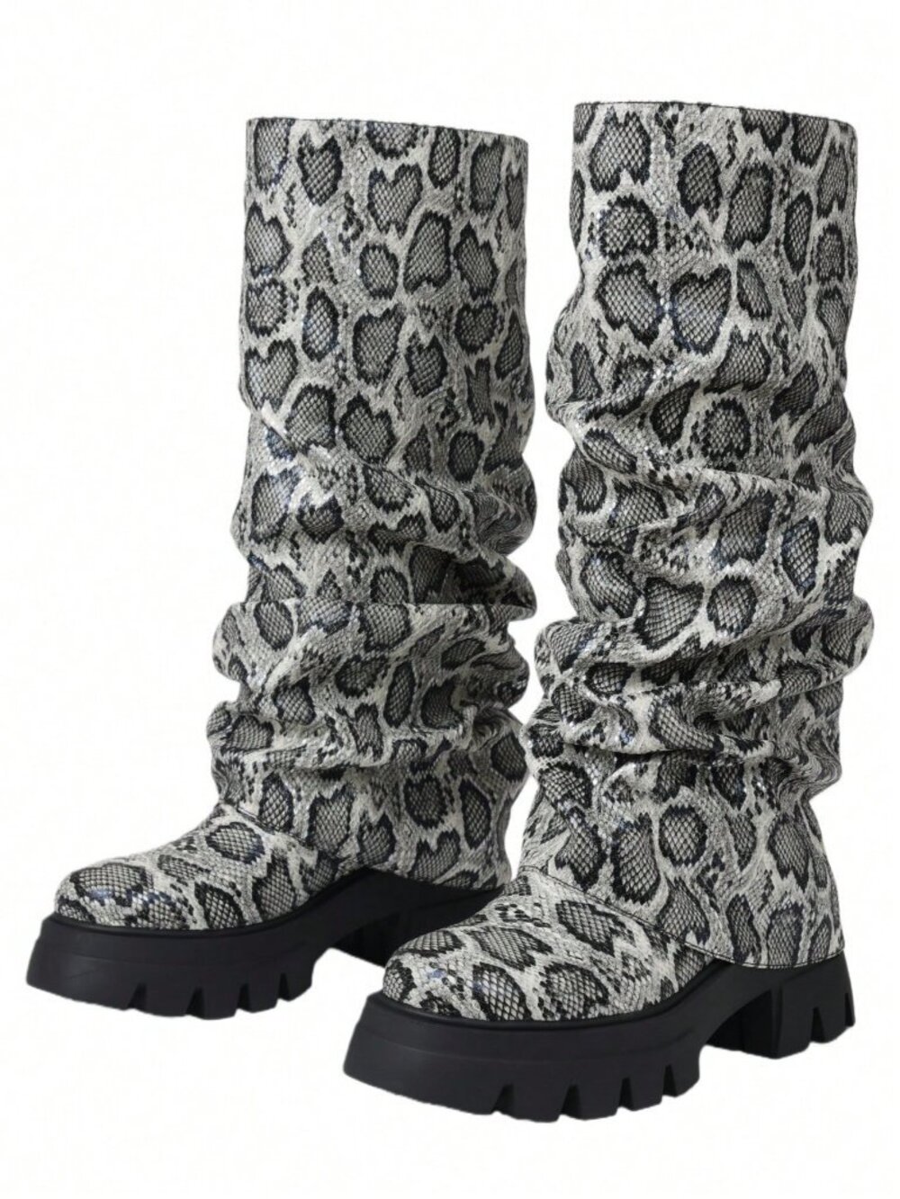 Snakeskin Women's Platform Slouchy Knee High Slip-On Boots - Picture 6 of 10